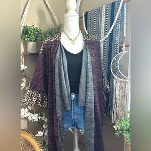 Umgee mixed leopard purple/gray colorblock ruffle sleeve oversized cardigan